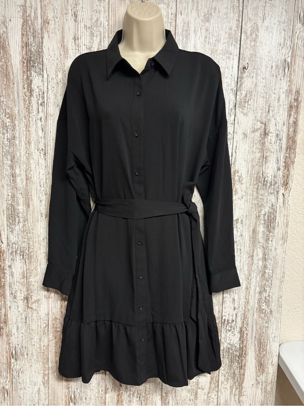 Nine West Black Button-Front Shirt Mini Dress with Waist Tie